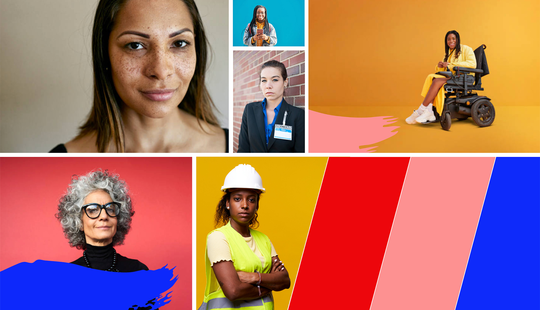 Composite Portraiture Mood Board depicting women from diverse backgrounds representing the retail, hospitality and manufacturing industries.